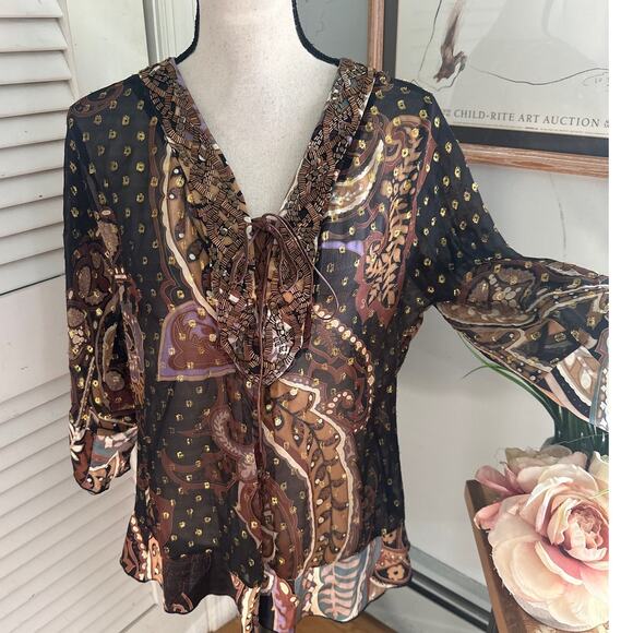 HALE BOB Womens Tunic Brown Chiffon Beaded Metallic Bohemian Artsy Festival | S - Picture 1 of 11